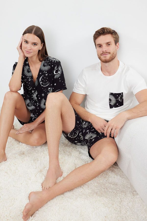 Trendyol Trendyol Ecru Black Printed Regular Fit Couple Pajama Set with Knitted Shorts