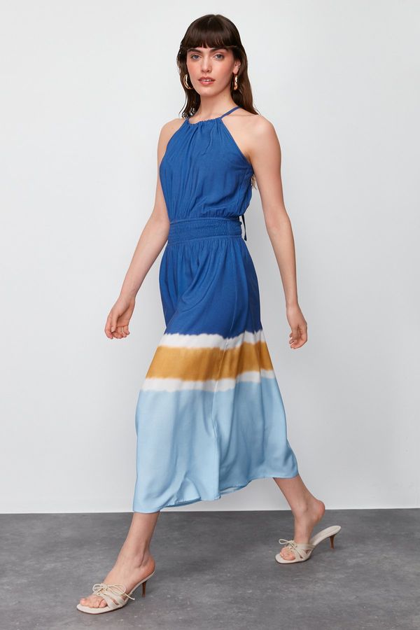 Trendyol Trendyol Ecru-Blue A-Line Viscose Woven Maxi Dress with Gipe Detail at the Waist