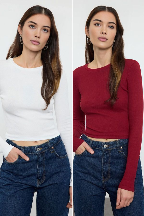 Trendyol Trendyol Ecru-Burgundy Package Body-Sit Crew Neck Ribbed Crop Flexible Knitted Blouse