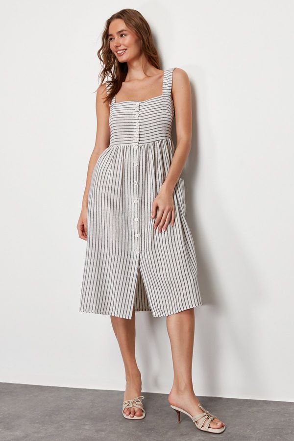 Trendyol Trendyol Ecru Buttoned Striped Linen Look Midi Woven Dress