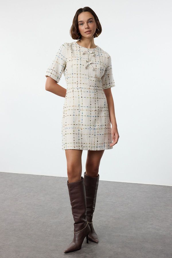 Trendyol Trendyol Ecru Check A-Line Bow Detailed Mini Woven Tweed Dress