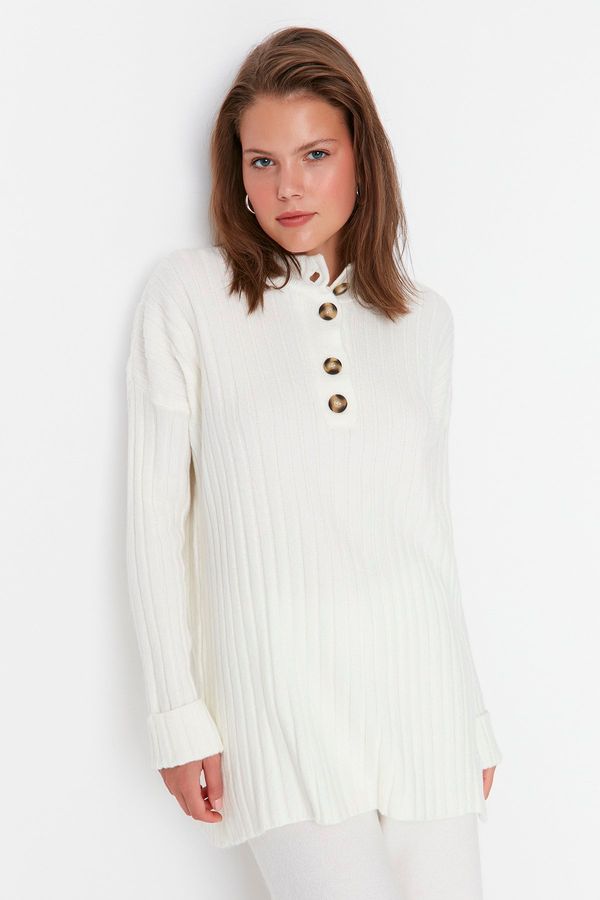 Trendyol Trendyol Ecru Collar Buttoned Ribbed Knitwear Sweater