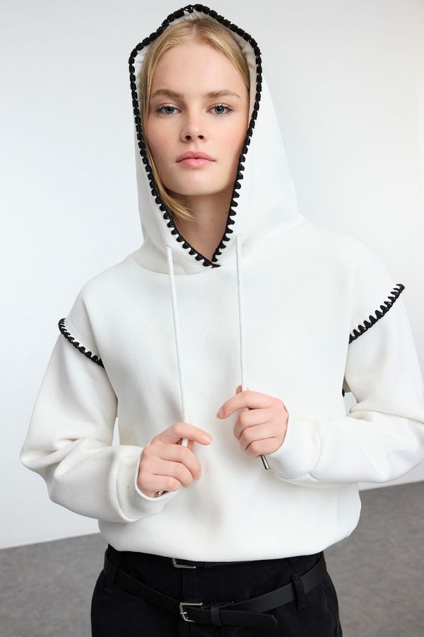 Trendyol Trendyol Ecru Crochet Detailed Hooded Thick Inside Fleece Knitted Sweatshirt