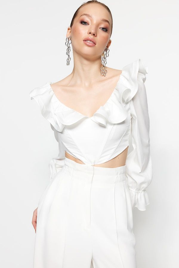 Trendyol Trendyol Ecru Crop Lined Ruffle Poplin Blouse