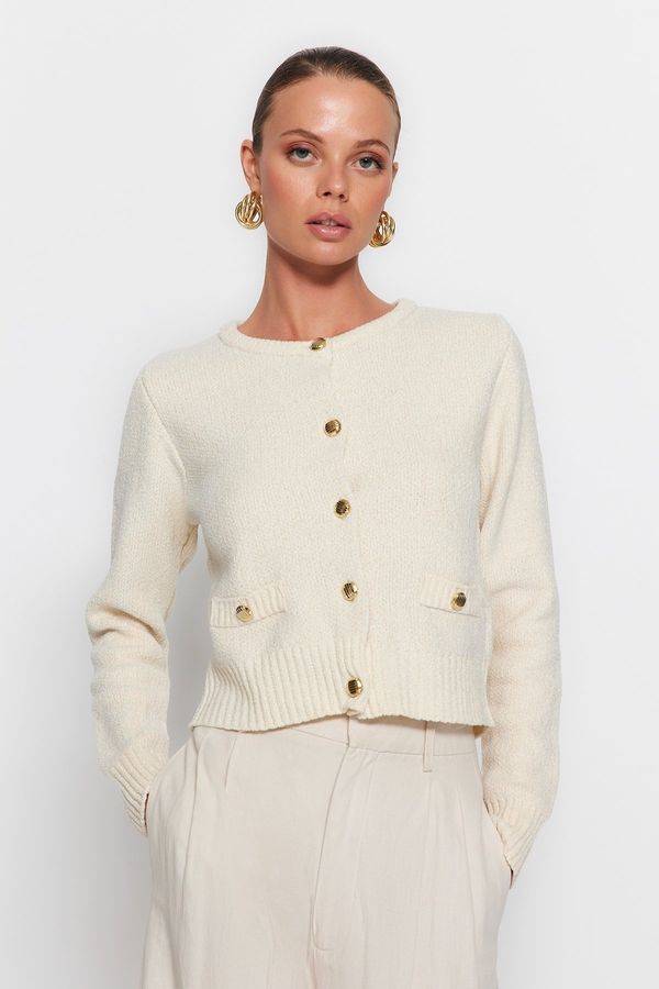 Trendyol Trendyol Ecru Crop Premium Yarn/Special Yarn Pocket Detailed Jacket-Look Knitwear Cardigan