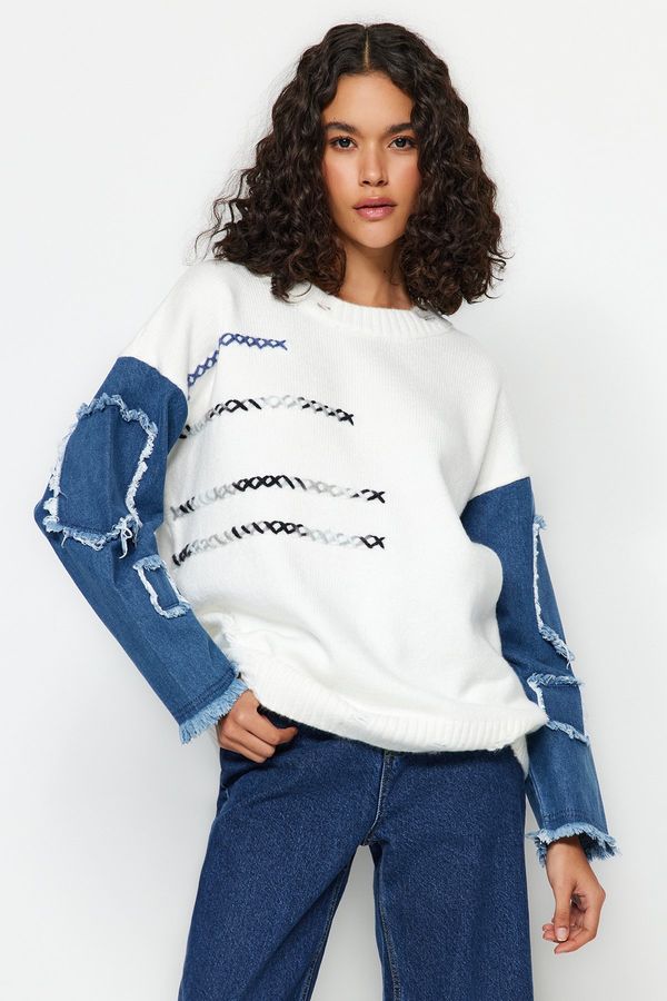 Trendyol Trendyol Ecru Denim Sleeve Detailed Knitwear Sweater