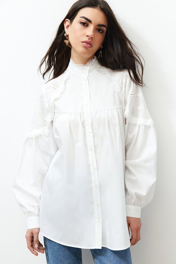 Trendyol Trendyol Ecru Embroidered Cotton Woven Shirt