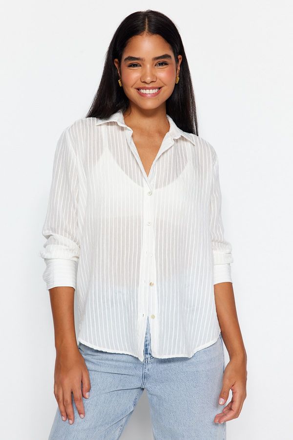 Trendyol Trendyol Ecru Fabric Self-Striped Transparent Oversize Wide Fit Woven Shirt