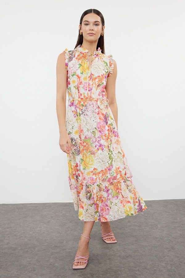 Trendyol Trendyol Ecru Floral Patterned A-Line Midi Lined Chiffon Woven Dress