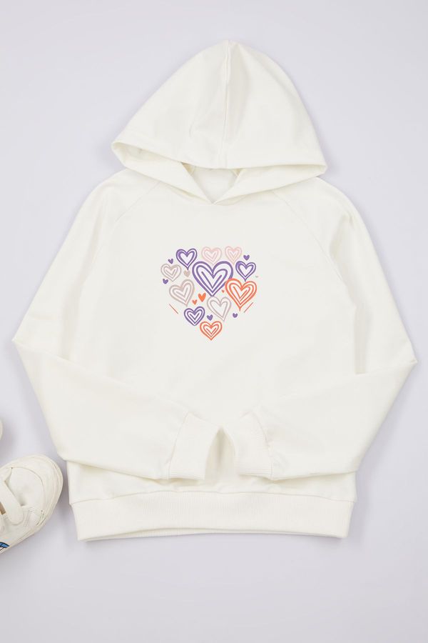 Trendyol Trendyol Ecru Girl Heart Patterned Hooded Knitted Sweatshirt