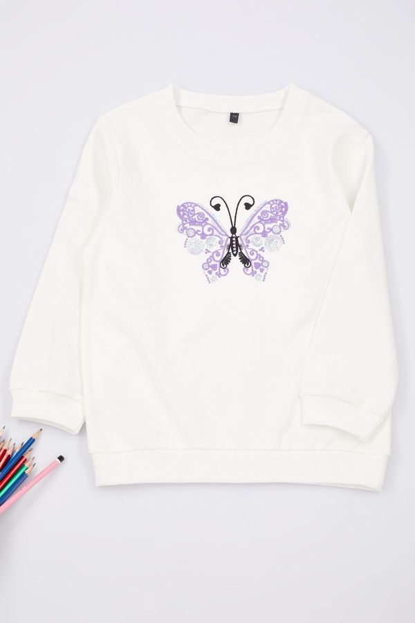 Trendyol Trendyol Ecru Girl Seasonal-Thin Butterfly Patterned Crew Neck Cotton Sweatshirt