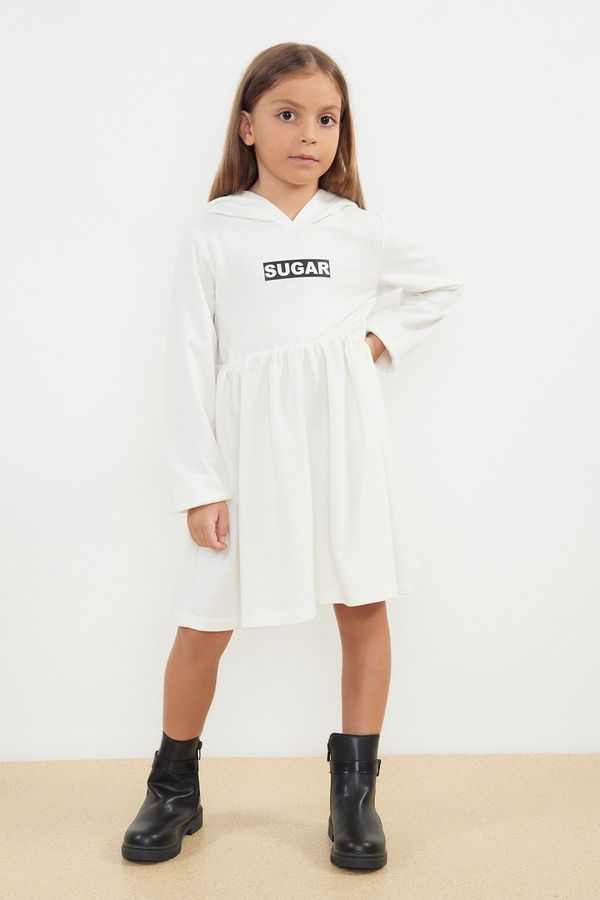 Trendyol Trendyol Ecru Girl Seasonal-Thin Slogan Patterned Hooded Cotton Knitted Dress