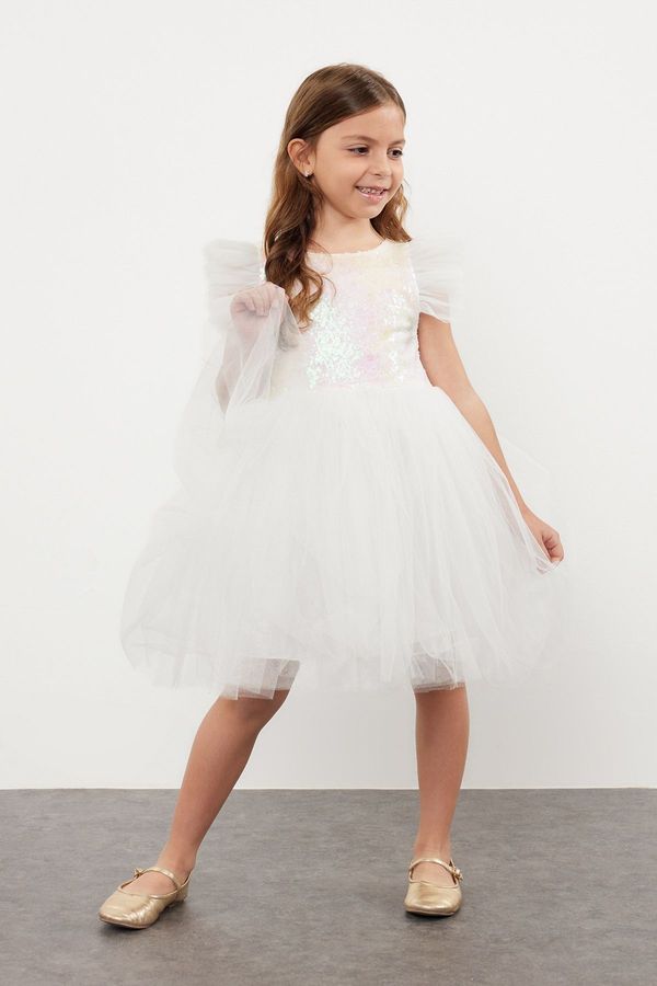 Trendyol Trendyol Ecru Girl's Birthday Party Wedding Tutu Woven Dress