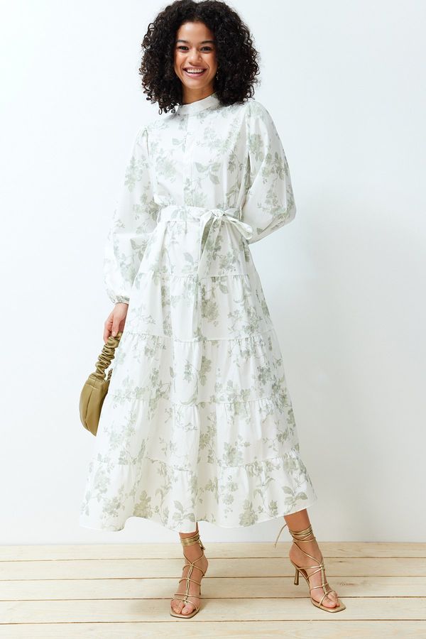 Trendyol Trendyol Ecru High Collar Floral Belted Poplin Woven Dress