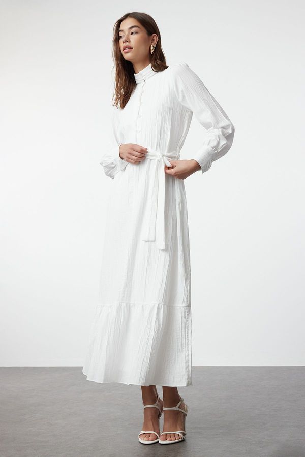 Trendyol Trendyol Ecru Linen Look Woven Dress with Ruffled Belted Skirt