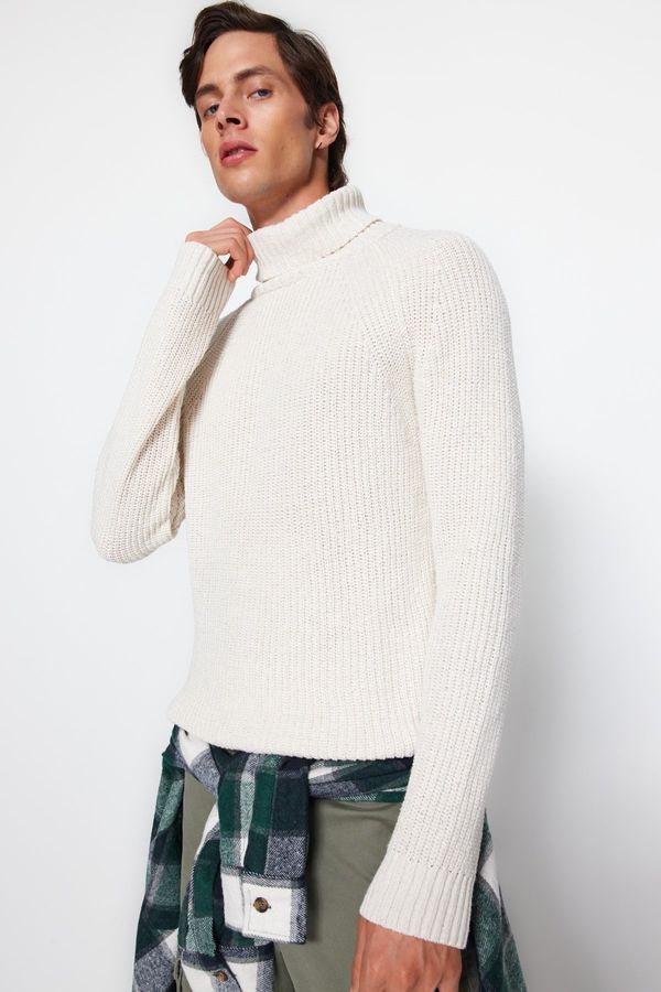 Trendyol Trendyol Ecru Men's Slim Fit Turtleneck Raglan Sleeve Basic Knitwear Sweater