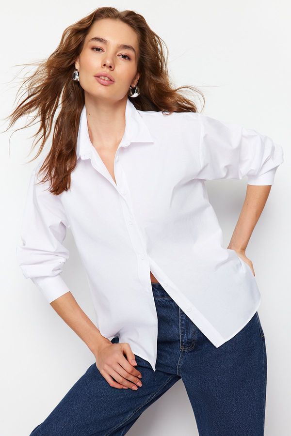 Trendyol Trendyol Ecru Open Back Pat Highlighter Stripe Detail Oversize/Cross-Fit Woven Shirt
