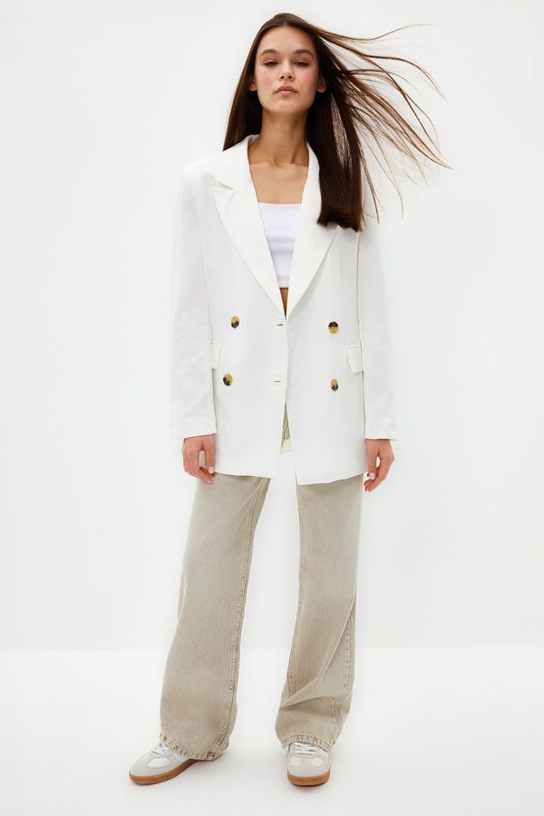 Trendyol Trendyol Ecru Oversize Lined Double-Breasted Woven Blazer Jacket