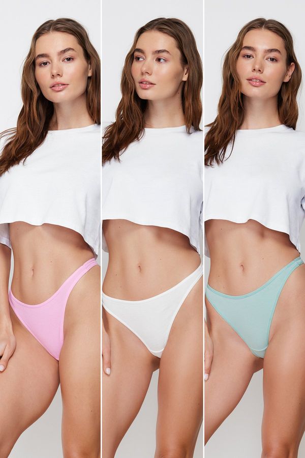 Trendyol Trendyol Ecru-Pink-Green 3-Pack Cotton Thong Knitted Briefs