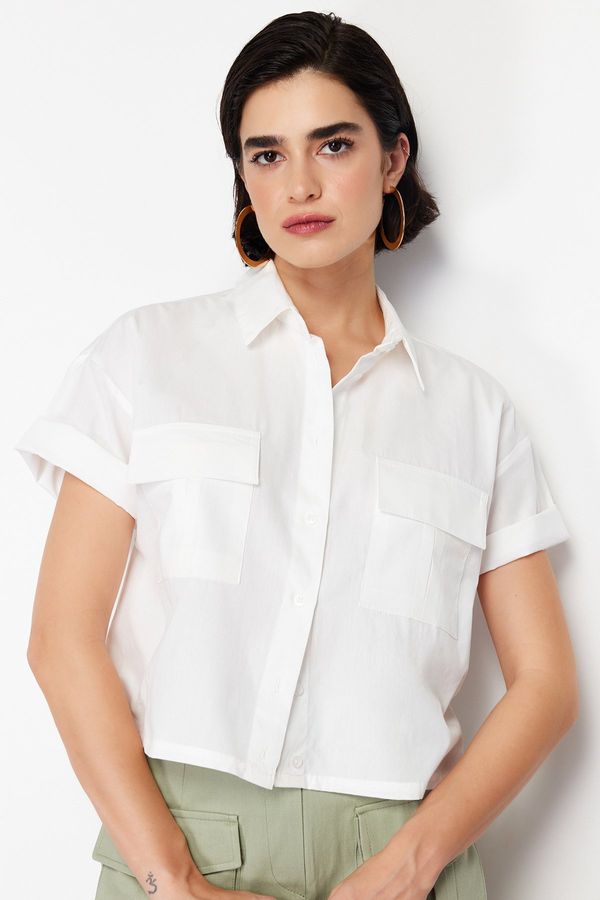 Trendyol Trendyol Ecru Pocket Detailed Cotton Regular Normal Fit Woven Shirt