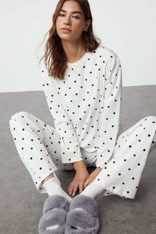 Trendyol Trendyol Ecru Printed Single Jersey Knitted Pajama Set