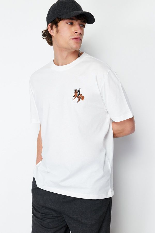 Trendyol Trendyol Ecru Relaxed/Casual Fit Horse/Animal Embroidered Short Sleeve 100% Cotton T-Shirt