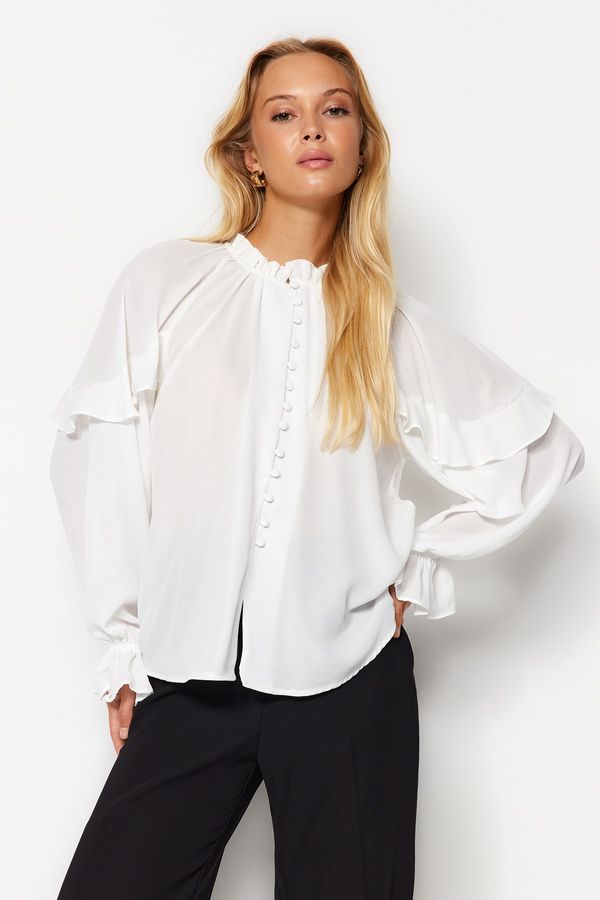 Trendyol Trendyol Ecru Sleeves Flounced Stand Collar Oversize/Wide Fit Woven Shirt