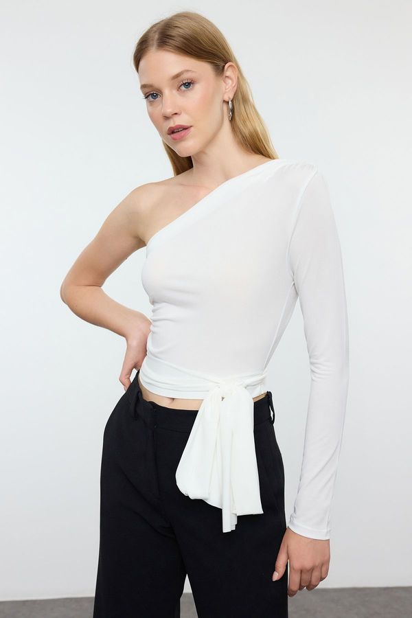 Trendyol Trendyol Ecru Slim Tie Detailed Single Sleeve Crop Stretchy Knitted Blouse