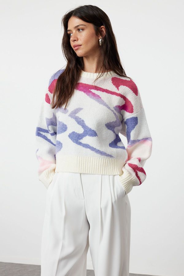 Trendyol Trendyol Ecru Soft Texture Abstract Patterned Knitwear Sweater