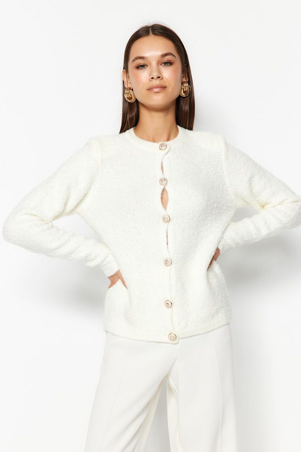 Trendyol Trendyol Ecru Soft Texture Accessory Jacket-Look Knitted Cardigan