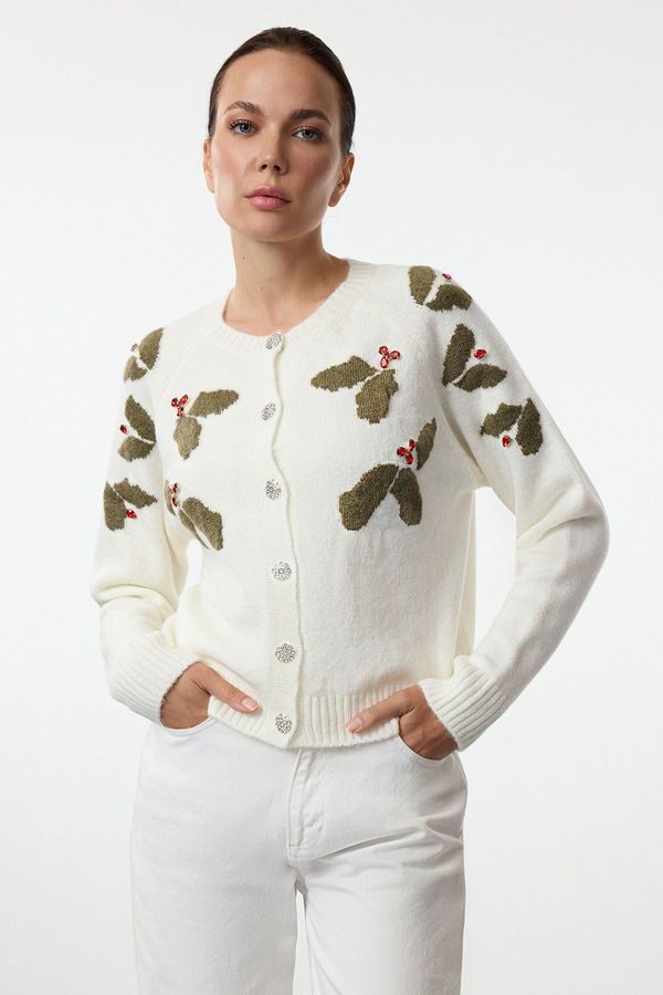 Trendyol Trendyol Ecru Soft Texture Button Detailed Stone Embroidered Knitted Cardigan