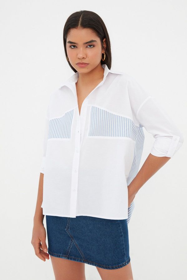 Trendyol Trendyol Ecru Stripe Detailed Oversize Wide Cut Woven Shirt