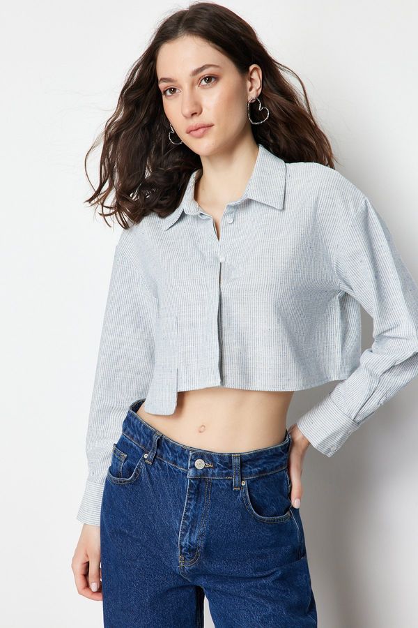 Trendyol Trendyol Ecru Striped Asymmetric Pocket Crop Cotton Woven Shirt