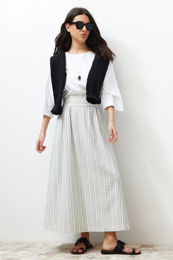 Trendyol Trendyol Ecru Striped Linen Look Woven Skirt with Pocket Detail