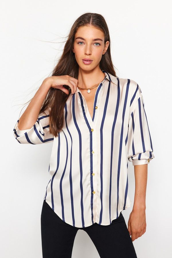 Trendyol Trendyol Ecru Striped Satin Woven Shirt