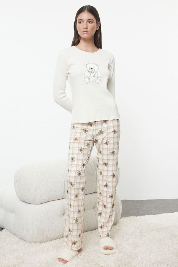 Trendyol Trendyol Ecru Teddy Bear Plaid Ribbed Knitted Pajama Set