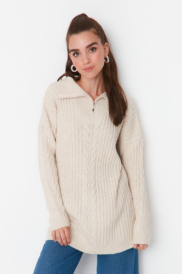 Trendyol Trendyol Ecru Thessaloniki Braided Zippered Knitwear Sweater