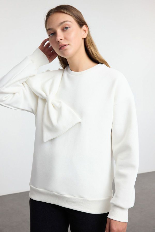 Trendyol Trendyol Ecru Thin Crew Neck Ribbon Detailed Oversize/Comfortable Cut Knitted Sweatshirt