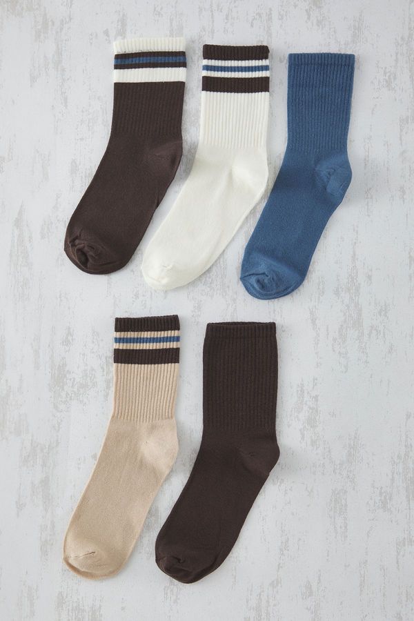 Trendyol Trendyol Ecru Unisex 5 Pack College/Medium/Tennis Length Cotton Socks
