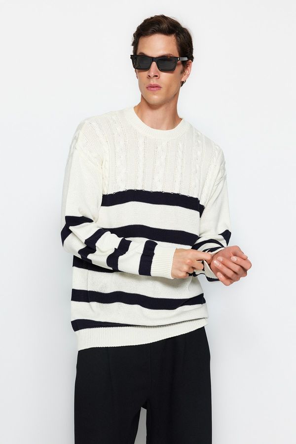 Trendyol Trendyol Ecru Unisex Oversize Fit Wide Fit Hair Knit Striped Non-Pilling Knitwear Sweater