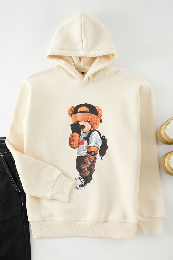 Trendyol Trendyol Ecru Unisex Oversize Teddy Bear Printed Inside Polar Fleece/Warm Hooded Sweatshirt