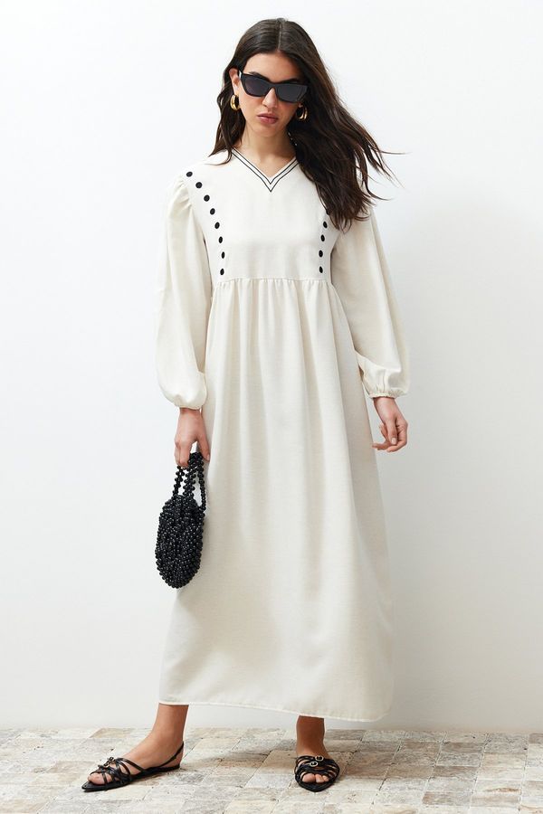 Trendyol Trendyol Ecru V-Neck Detailed Woven Linen Look Dress