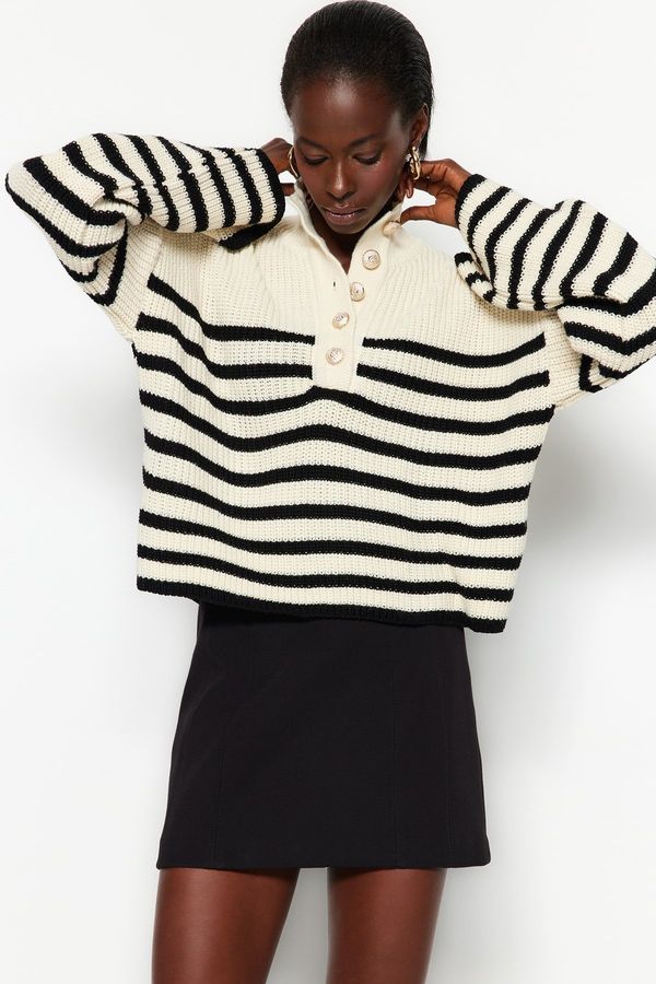 Trendyol Trendyol Ecru Wide Fit Crew Neck Striped Knitwear Sweater