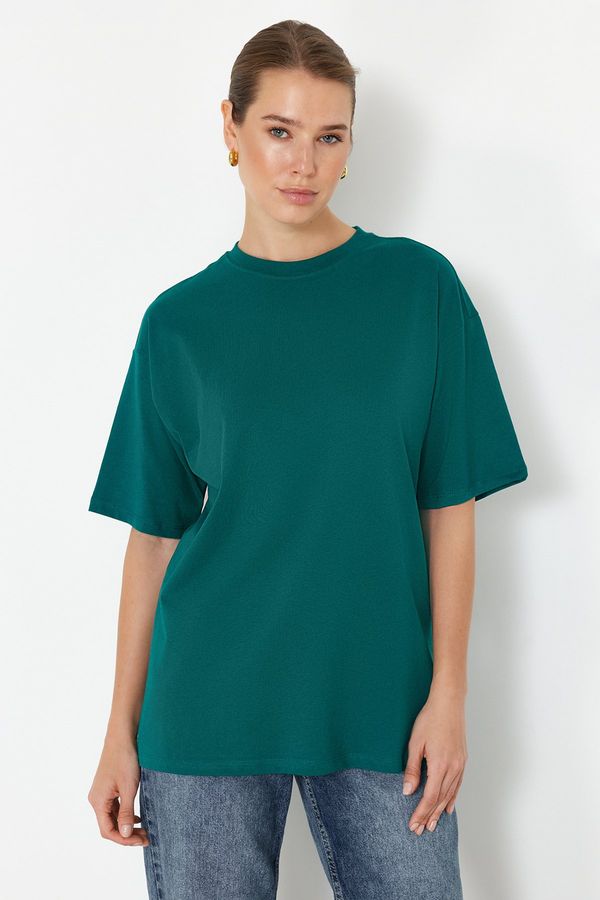 Trendyol Trendyol Emerald Green 100% Cotton Premium Oversize/Wide Fit Crew Neck Knitted T-Shirt