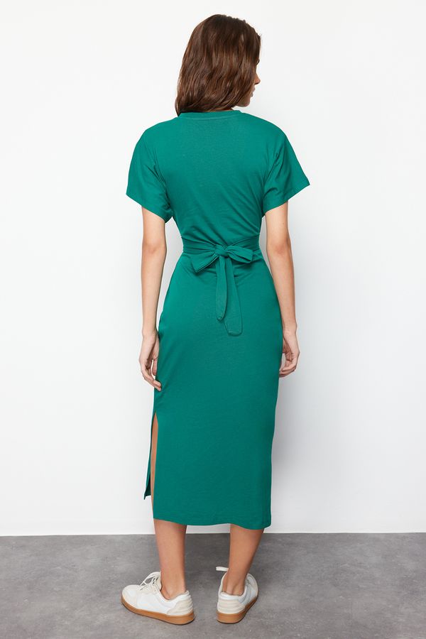 Trendyol Trendyol Emerald Green 100% Cotton Waist-Fitting Midi Knitted Midi Dress with Slit and Tie Detail