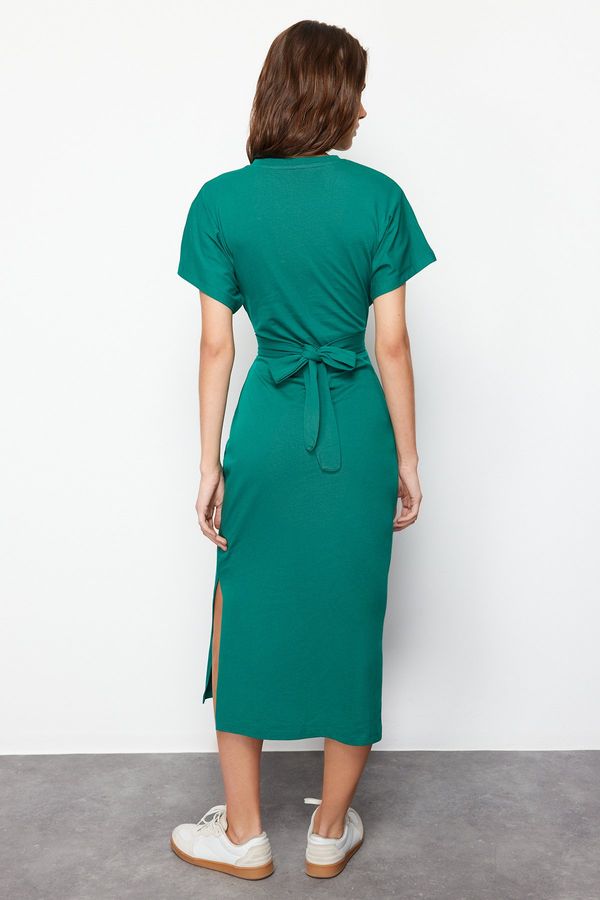 Trendyol Trendyol Emerald Green 100% Cotton Waist-Fitting Midi Knitted Midi Dress with Slit and Tie Detail