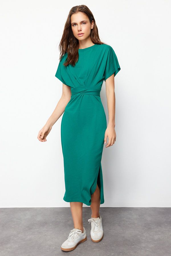 Trendyol Trendyol Emerald Green 100% Cotton Waist Slit and Tie Detailed Midi Knitted Pencil Dress