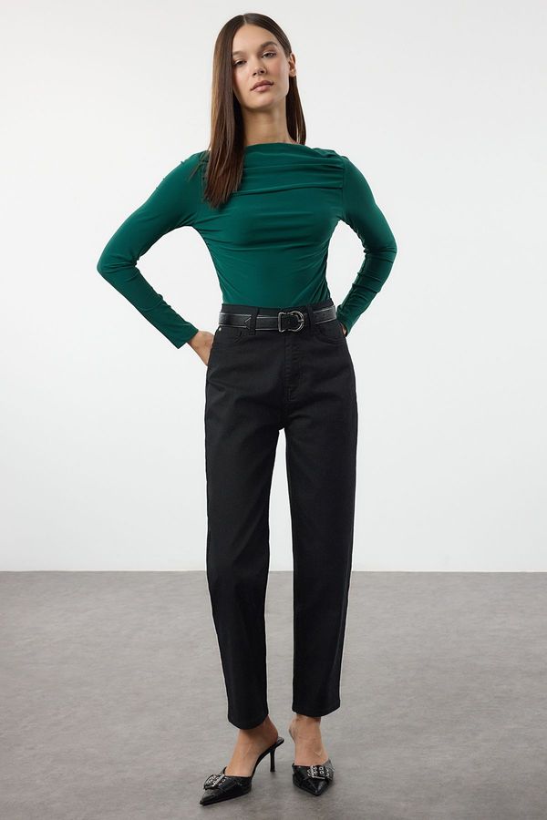 Trendyol Trendyol Emerald Green Boat Neck Draped Body-Smoothing Flexible Knitted Blouse