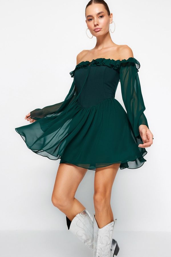 Trendyol Trendyol Emerald Green Chiffon Chiffon Evening Dress that opens at the waist/Skater Lined Elegant Evening Dress