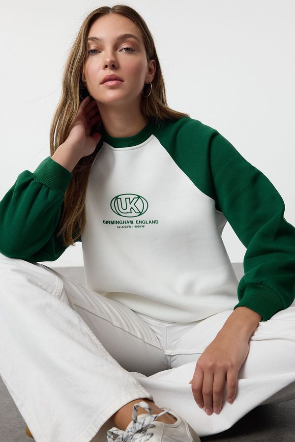 Trendyol Trendyol Emerald Green Color Block Relaxed Pattern Raglan Sleeve Thick Knit Sweatshirt